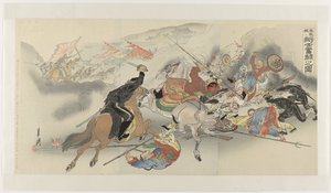 A difícil luta em Feng Huang Cheng
Hôôjô ni shôshi funtô no zu (título sobre o objecto) de Ogata Gekko