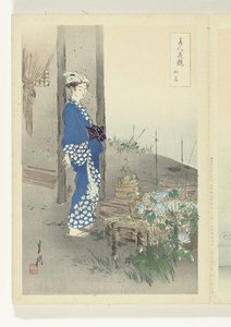 Poeta Kaga no Chiyo (título no objeto) Comparações entre Belezas e Flores (título da série) Bijin hana kurabe (título da série no objeto) de Ogata Gekko