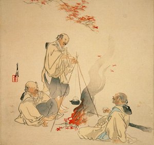 Bebida sob um Ácer, c.1890s-1900s (impressão a cores de bloco de madeira) de Ogata Gekko