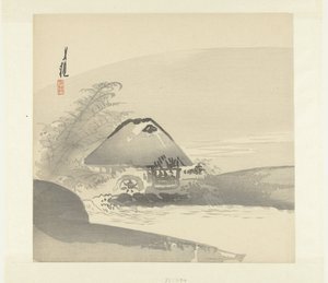 Paisagem fluvial mostrando casa com roda de água de Ogata Gekko