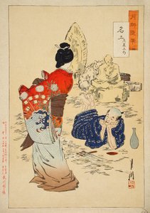 O escultor Hidari Jingorō a observar a sua obra a ganhar vida de Ogata Gekko