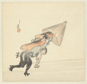 Dois músicos a correr na chuva de Ogata Gekko