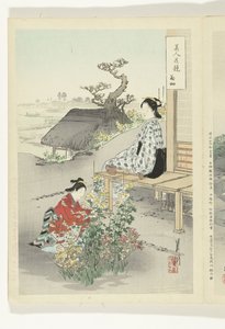 Cuidando dos crisântemos Comparações entre Belezas e Flores (título da série) Bijin hana kurabe (título da série no objeto) de Ogata Gekko