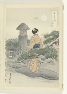 Lua cheia e pinheiro Comparações entre Belezas e Flores (título da série) Bijin hana kurabe (título da série no objeto) de Ogata Gekko