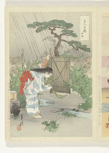 Mulher curvada sobre o arbusto Yamabuki Yamabuki (título no objeto) Comparações entre Belezas e Flores (título da série) Bijin hana kurabe (título da série no objeto) de Ogata Gekko
