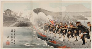 O nosso Exército atravessa o rio Yalu na ponte Pontoon e conduz de volta as Forças Inimigas para finalmente ocupar Jiuliancheng de Ogata Gessan