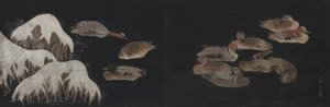 Patos em uma lagoa invernal de Ogawa Haritsu