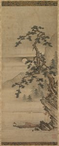 Paisagem enluarada do pinheiro com o ancião no barco, período de Muromachi, 1392-1573. de Oguri Sotan