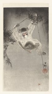 Macaco, pendurado num ramo de bambu de Ohara Koson