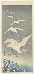 Gretas descendentes na neve de Ohara Koson