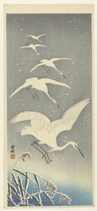 Garças descendentes na neve de Ohara Koson