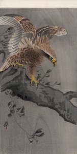 Águia com Asas Espalhadas no Tronco da Árvore (impressão em bloco de madeira colorida) de Ohara Koson