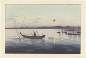 Barcos de pesca ao pôr do sol de Ohara Koson