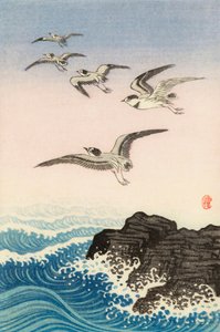 Five Seagulls Above a Rock in the Sea, 20th century (impressão japonesa) de Ohara Koson