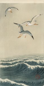 Gaivotas no mar de Ohara Koson