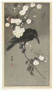 Corvo com flor de cerejeira Hana sakura no tori (título no objeto) de Ohara Koson