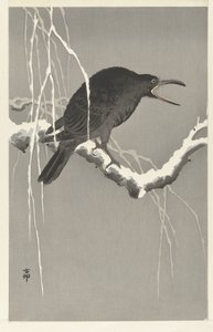 Corvo sobre ramo de árvore com neve de Ohara Koson