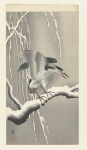 Quack no galho nevado de Ohara Koson