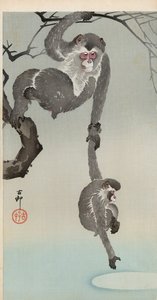 Macaco e bebê alcançando o reflexo da lua de Ohara Koson
