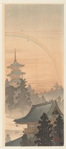 Pagoda e arco-íris de Ohara Koson