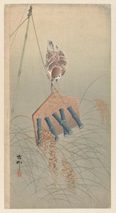 Pardal com anéis no espantalho de Ohara Koson