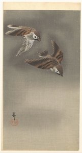 Pardais com anéis na neve de Ohara Koson
