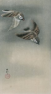 Pardais em voo (impressão em bloco de madeira a cores) de Ohara Koson