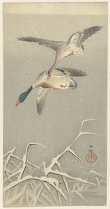 Dois patos selvagens em voo de Ohara Koson