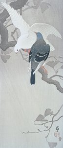 Duas pombas na chuva num ramo de uma árvore Ginko de Ohara Koson