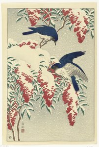 Apanhadores de moscas num arbusto de nandina de Ohara Koson
