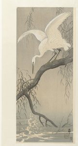 Garça branca sobre ramo de árvore de Ohara Koson