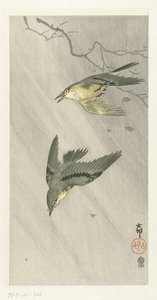 Aves canoras na chuva de Ohara Koson