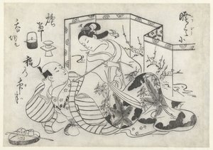 Japonês e mulher fumando na frente de uma tela dobrável de Okumura Masanobu (attributed to)