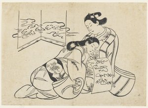 (Amantes como mitate de Daruma a atravessar o rio Yangtzé numa cana) de Okumura Masanobu