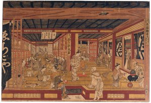 Uma ótima impressão em perspectiva da loja de cortinas Echigoya em Surugacho de Okumura Masanobu