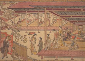 Um homem de pé fora do portão de uma grande casa de Okumura Masanobu