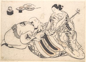 Um homem ajoelhado, inclinado para a frente e a ouvir uma oiran que toca shamisen de Okumura Masanobu