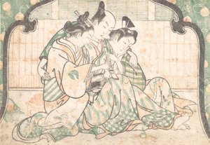 Um jovem sentado entre duas mulheres, c. 1749., c. 1749. de Okumura Masanobu