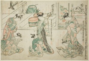 Atendentes de crianças: um conjunto de três de Okumura Masanobu