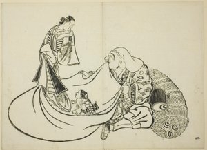 Daikoku revelando o conteúdo da mala de Hotei, n.º 2 da série de 12 gravuras de Okumura Masanobu