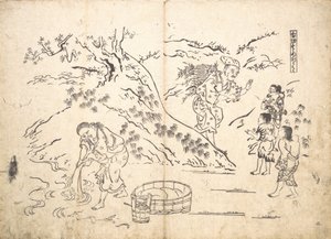 Bicha-coletor encontra menino com pardal. de Okumura Masanobu