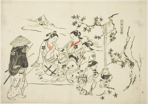 Aquecimento de saqué com folhas de ácer (Kanzake momijigari), n.º 9 de uma série de 12 gravuras que representam paródias de peças de teatro de Okumura Masanobu