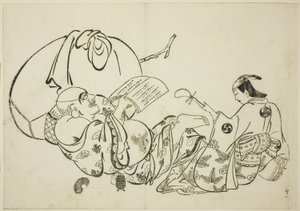 Hotei lendo um livro, não. 11 de uma série de 12 impressões de Okumura Masanobu