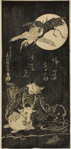Jurojin com guindastes, um veado e uma tartaruga de Okumura Masanobu