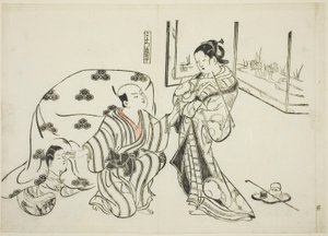 Kotatsu Dojoji, nº. 5 de uma série de 12 gravuras que retratam paródias de peças de Okumura Masanobu