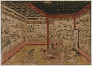 Lady Murasaki em Ishiyama, com vista para um panorama com sete vistas do Lago Biwa, década de 1740. de Okumura Masanobu