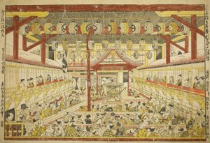 Imagem em perspectiva grande do desempenho de Kaomise no palco Kabuki de Okumura Masanobu