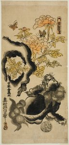 Leão e peônias de Okumura Masanobu
