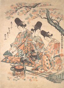 Paródia de servos do palácio aquecendo saquê sobre fogo de folhas de plátano, ca. 1750., c. 1750. de Okumura Masanobu