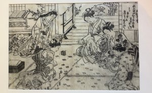 Paródia sobre mãos: mulheres a jogar o jogo de cartas Cem Poemas, Um Poeta Cada, ilustração de página dupla de Cem Poemas, Um Poeta Cada de Okumura Masanobu